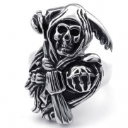 KONOV Jewelry Stainless Steel Band Casted Grim Reaper Skull Biker Men's Ring, Black Silver, Size 11