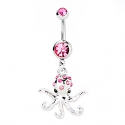 Bling Bling Stainless Steel Belly Button Ring Body Jewelry Piercing Ring BarBell, Hypoallergenic, Summer (#05-03: Fushia Octopas Charm)