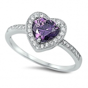 VE-01054 Sterling Silver Amethyst Color Heart Cubic Zirconia CZ Halo Wedding Ring (9)