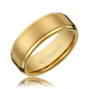 8MM Men's Titanium Gold-Plated Ring Wedding Band with Flat Brushed Top and Polished Finish Edges [Size 7.5]