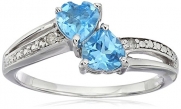 Blue Topaz and Diamond Accent Two Heart Ring in Sterling Silver, Size 7