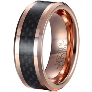 MNH Men's 8mm Tungsten Carbide Wedding Rose Gold Plated Carbon Fiber Inlay Beveled Polished Ring Size 8.5