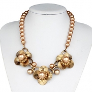 Btime Nice Golden Champangene Four Petals Flower Pearl Alloy Necklace